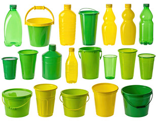 Assorted green and yellow plastic containers and bottles