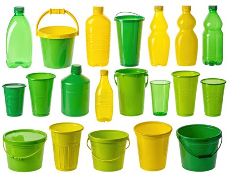 Assorted green and yellow plastic containers and bottles
