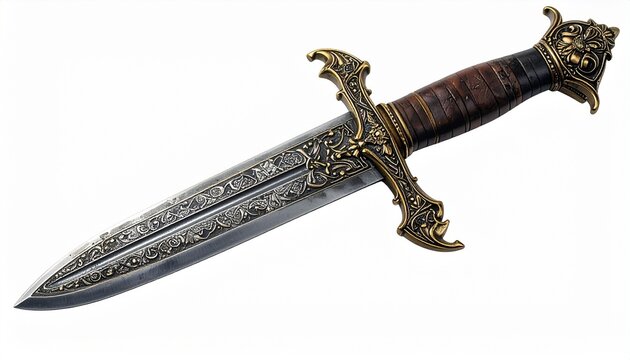 Ornate dagger with engraved metallic blade, gold-accented hilt, wrapped grip, and decorative pommel on dark background. - Powered by Adobe