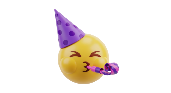 Isolated Emoji Character Wearing Party Hat and Blowing Noisemaker with Cute Smiley Face