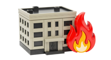 Isolated office building toy set on fire, conceptual for disaster risk management plan concept