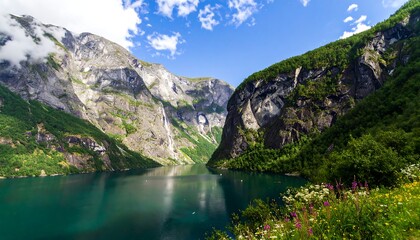 Majestic fjord landscape with waterfalls and lush greenery