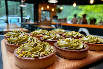 Pistachio tarts with cream cheese swirls and fresh nuts at outdoor coffee shop counter