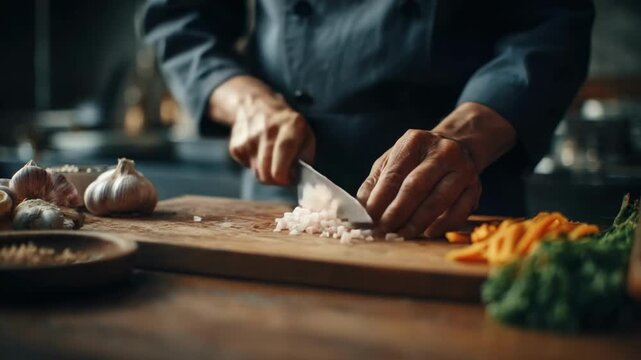 A chef chops onions on a wooden cutting board, with garlic bulbs and sliced vegetables nearby.