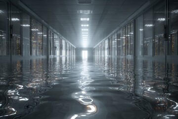 Flooded Data Center Hallway Reflecting Light and Servers