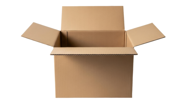 Isolated open cardboard box, package for delivery and shipment of parcels, moving supplies