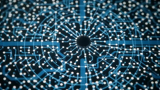 Detailed view of a complex circuitry pattern featuring illuminated nodes and interconnected lines