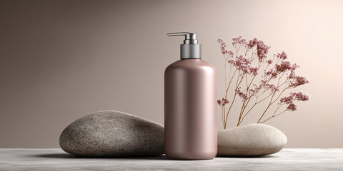 Shampoo bottle in dusty rose tone matte finish positioned beside smooth stones and delicate flowers, creating an elegant and modern aesthetic with copy space mockup