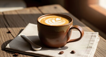 Aromatic Latte in Rustic Mug on Wooden Table.