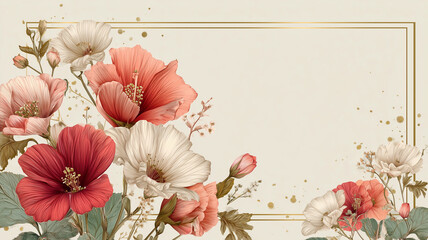 Floral wedding invitation template featuring amaranth and hibiscus flowers with elegant gold frame and ample copy space for personalized text