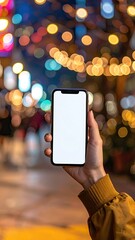 Person Holding Blank White Smartphone Screen Against Bokeh Lights Night Scene