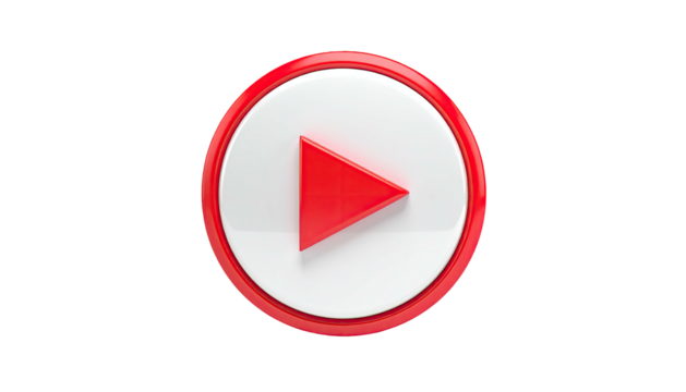 A glossy red and white circle with a red triangle pointing right; black background