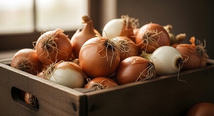 Rustic Harvest Golden Onions in Wooden Crate, Fresh From the Garden with Natural Light and Texture