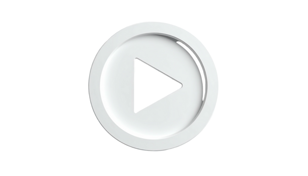 A glossy, white circular button with an inner play triangle, on black