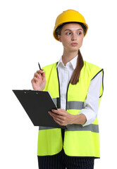 Portrait of engineer in hard hat and reflective vest with clipboard on white background