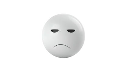 A white, glossy orb with a frowning face, set against a stark black backdrop