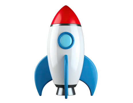 A cartoon rocket ship with red nose and blue fins, on a black background