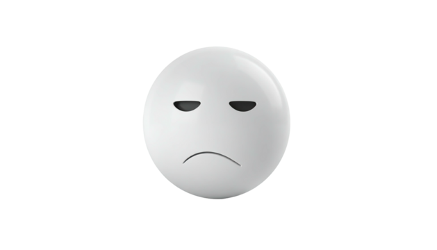 A white, glossy orb with a frowning face, set against a stark black backdrop