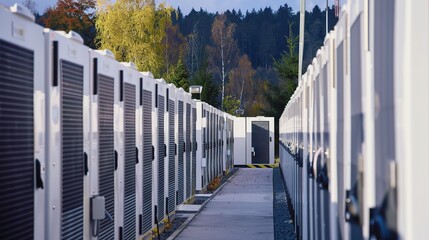 Storage battery with a robust plastic or metallic case, positive and negative terminals, and labeled capacity indicators, used for backup power in homes, factories, or electronic devices, placed on a 