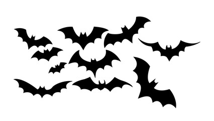 Set of silhouette black bat on white background symbol for halloween day.