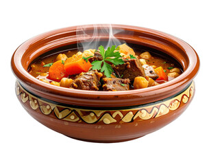 Hearty stew in a terracotta bowl, steam rising