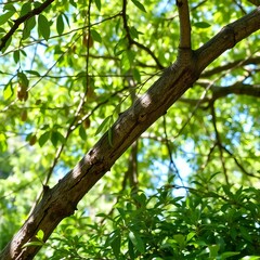 Sunlit tree branches, lush green leaves, vibrant summer nature scene