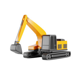 Yellow hydraulic excavator 3d render icon. Heavy industrial machinery, caterpillar backhoe with bucket and arm. JCB digger for construction, mining and excavation engineering works