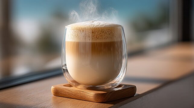Glass coffee latte drink on wooden coaster with steam