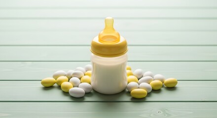 Baby Bottle Surrounded by Candy Eggs on Green Wooden Surface Close-up Still Life