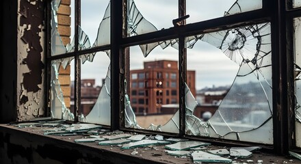 Shattered Reflections Urban Decay Through a Broken Window to the Cityscape Beyond