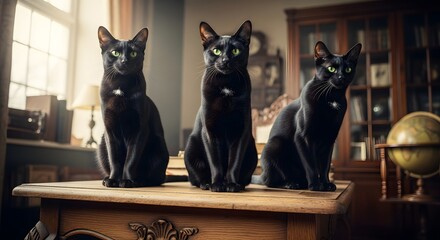 Three Majestic Black Cats A Study in Feline Elegance and Mystery at the Office Setting