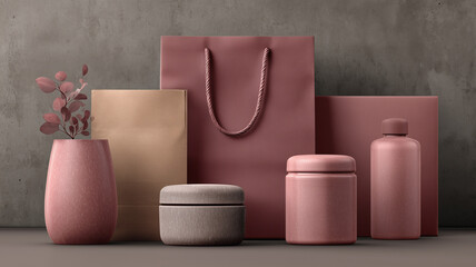Collection of amaranth colored packaging mockups with copy space for design purposes