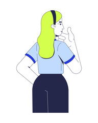 Blonde woman holding chin in thinking pose from behind 2D cartoon character. Headband hair female in business casual decision-making flat vector person isolated on white. Spot illustration colorful