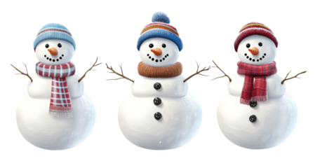 Three smiling snowmen wearing winter clothes on transparent background