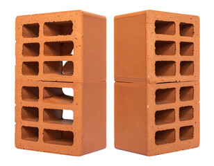 Two terracotta hollow bricks, side-by-side, showing rectangular voids