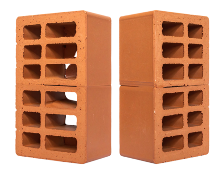 Two terracotta hollow bricks, side-by-side, showing rectangular voids