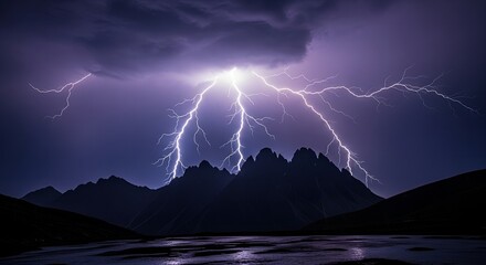 Dramatic lightning storm over mountain range landscape nature weather sky powerful energy dark night scene