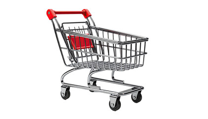 Small, empty, metallic grocery cart with red accents on a transparent background