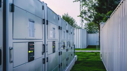 Storage battery with a robust plastic or metallic case, positive and negative terminals, and labeled capacity indicators, used for backup power in homes, factories, or electronic devices, placed on a 