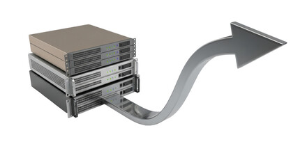 Isolated servers stack and silver arrow showing data transfer and increasing IT capacity