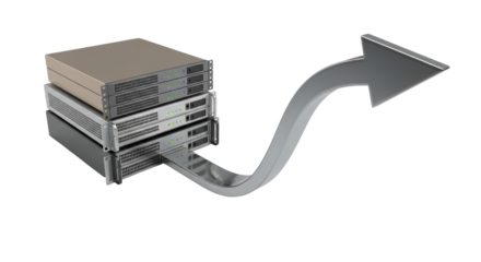 Isolated servers stack and silver arrow showing data transfer and increasing IT capacity