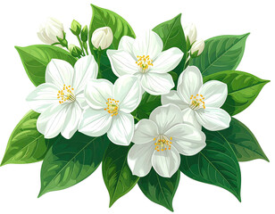 Detailed illustration of a jasmine flower cluster with lush green leaves