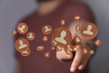 Digital networking and global connection concept. Business people using virtual network interface for collaboration on social platform.