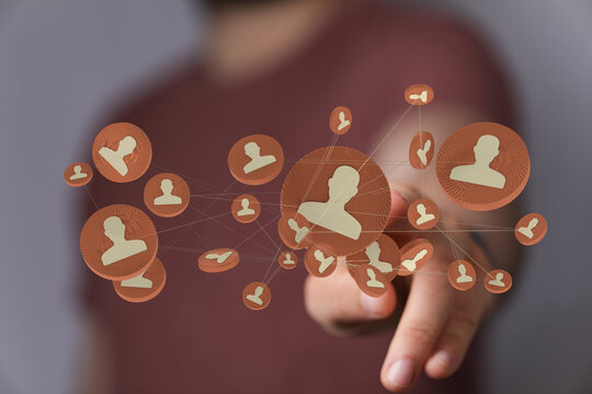 Digital networking and global connection concept. Business people using virtual network interface for collaboration on social platform.