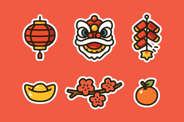 Chinese New Year Icon Set with Lantern, Lion Dance, Gold Ingot, Cherry Blossom and Orange