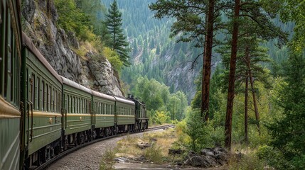 Obraz premium A green train moves through a lush forest along curving tracks. The train and tracks wind between forest trees, blending with the natural setting.