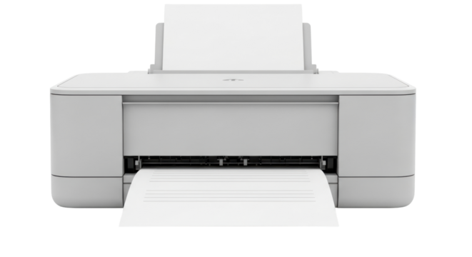 Isolated printer machine showing paper, ready for printing or scanning documents at office