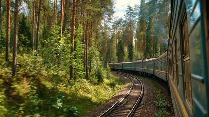 A moving train curves along railway tracks through a dense forest. The train travels on tracks bordered by the serene forest and tall trees in sunlight.