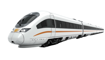 Sleek, modern passenger train with a white exterior and orange accent stripe, angled
