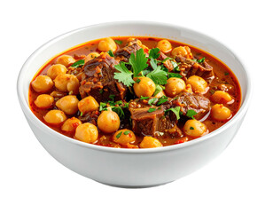Hearty stew of chickpeas and meat in a white bowl